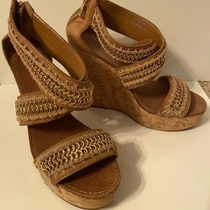 Tory Burch Lucian Tan Chain Crochet Cork Wedges